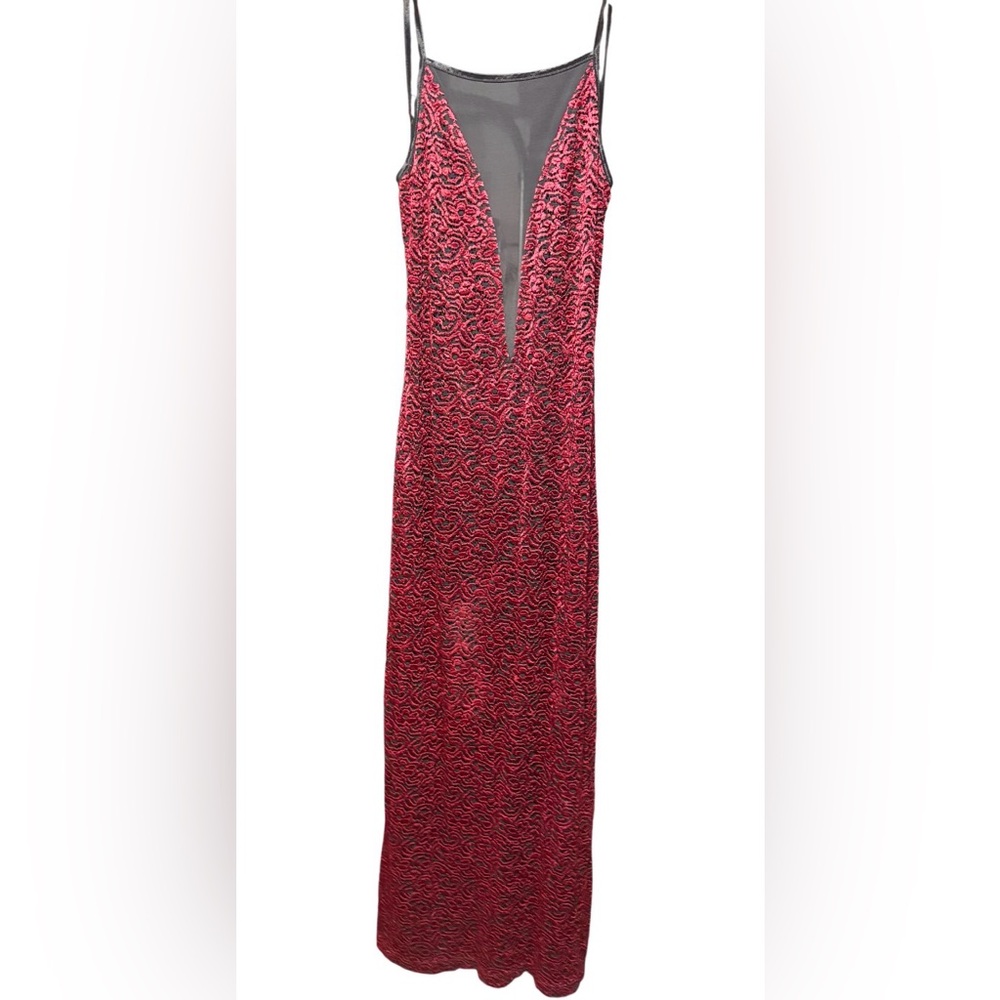 Vintage 90’s LorgeTiff Georgette Red Lace Illusion Plunge Maxi Dress